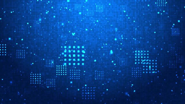 Glowing blue pixel data visual square blocks, dotted grid, and abstract digital 19 texture. for network intros, software promos, analytics videos, app interfaces, motion graphic backgrounds.