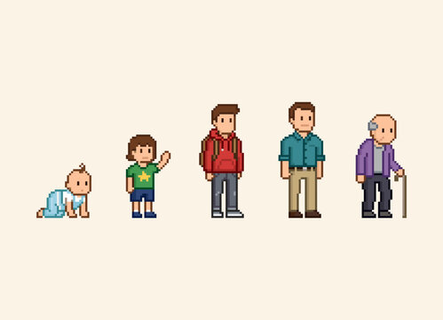Human Life Stages and Generation Pixel Art Characters Vector Set