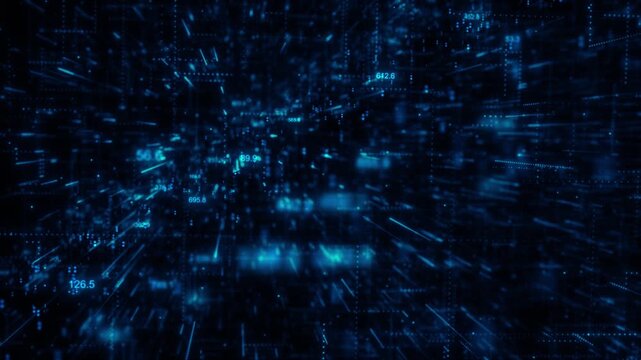 Futuristic analytics data tunnel visual blue numeric overlays, blurred 19 panels, deep cyber perspective. Perfect for finance , AI explainers, database intros, business metrics, motion