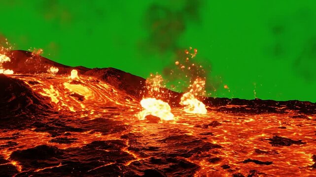 Volcanic eruption with molten lava flow and glowing magma splatter on green screen background, for vfx compositing