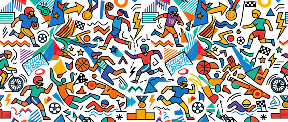 Naklejka premium Colorful Abstract Sports Figures and Geometric Shapes Pattern