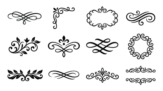 Set of vintage calligraphic flourishes and decorative floral dividers for elegant wedding invitations and stationery design elements
