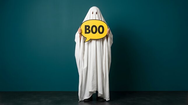 Person in a ghost costume holding a yellow speech bubble sign that says boo