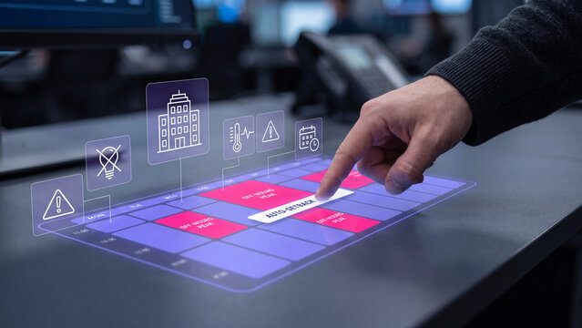 Hand touching futuristic holographic interface for smart building energy management and automation system on office desk