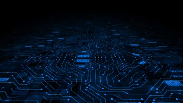 Royal blue color 3d computer microchip glowing circuit board futuristic data transfer technology background