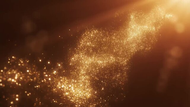 Universal Luxury Concept Golden Glitter Particles Floating in Dark Background With Soft Lens Flare Light Effect For Magic Atmosphere