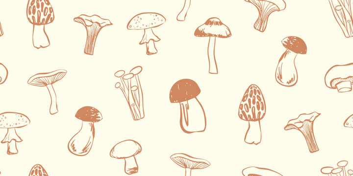 Seamless mushroom pattern with hand drawn forest fungi. Vector linear line art background of porcini, chanterelle, and morel mushrooms. Minimalist autumn design for fabric, textile, wallpaper