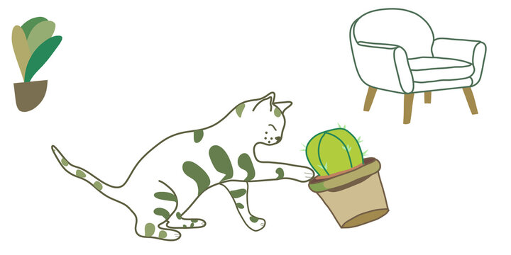 Cute cat playing with a potted cactus, armchair and houseplant vector illustration isolated on transparent or white background, png