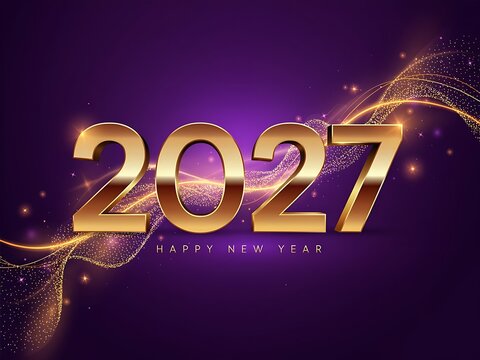 Celebration of the New Year 2027 with large golden numbers and sparkling magical effects on a vibrant purple background emphasizing joy and festivities for the upcoming year