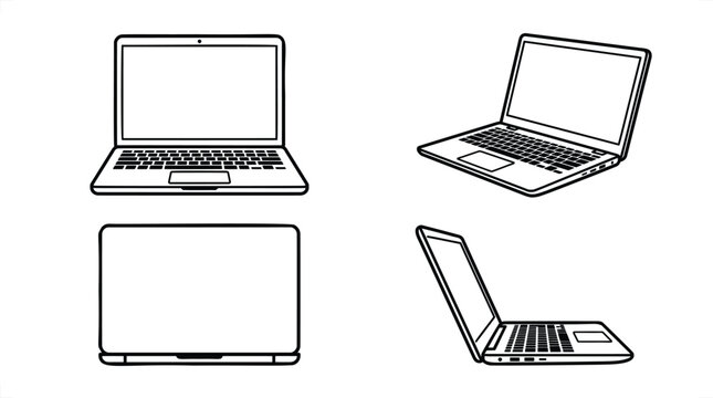 Set of four laptop computer black and white line showing front, perspective, closed, and side views of notebooks