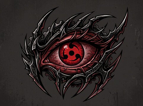 Red sharingan eye with black spiky design on dark background