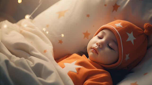 Sweet Slumber: An adorable baby peacefully sleeps, snuggled under a soft blanket, wearing a cute orange hat adorned with stars. The gentle glow of fairy lights creates a magical and serene atmosphere.