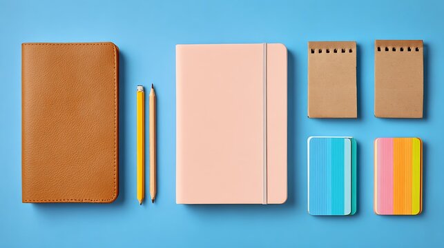 A collection of modern office supplies including notebooks, pens, and notepads on a blue background.