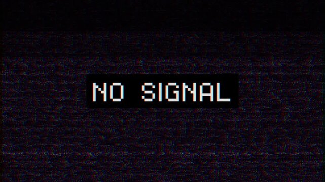 Retro signal loss screen visual distorted static noise, blocky text, old television interference. error messages, glitch intros, suspense clips, archive footage, broadcast transitions, motion