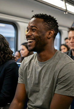 Happy african american man laughing on public transportation, diverse commuters traveling by train or subway, Authentic moments of joy and connection among passengers