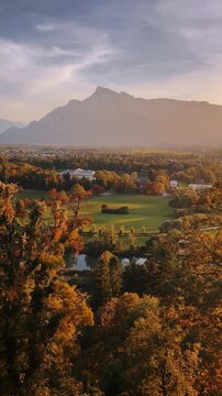 Golden Salzburg fall scenery with Untersberg mountain in golden evening light at sunset, Salzburg Land, Austria	