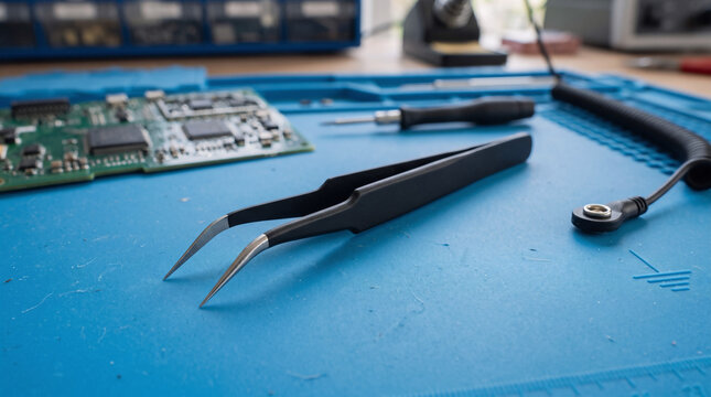 ESD precision tweezers on a repair mat. Professional tools for electronics assembly work.