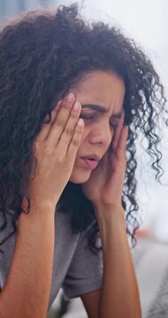 Woman, headache and sick in home with pain, discomfort or health condition with chronic sinus. Female person, agony or illness with migraine, tension or pressure with burnout, dizziness or vertigo