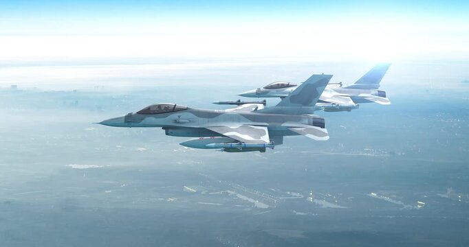 F-16 Fighting Falcon jet fighters flying in formation over an industrial area. War Related 3D Animation.