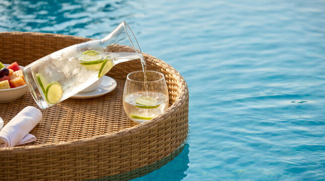 Clear glass carafe pouring chilled lime water into a glass on a floating wicker tray in a pool