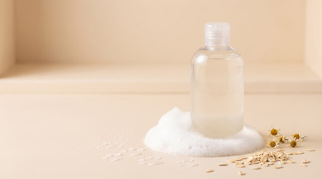 Clear plastic shampoo bottle on soap foam with chamomile flowers and oatmeal on beige background