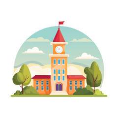 Fototapeta premium Charming School Building with Clock Tower and Nature.