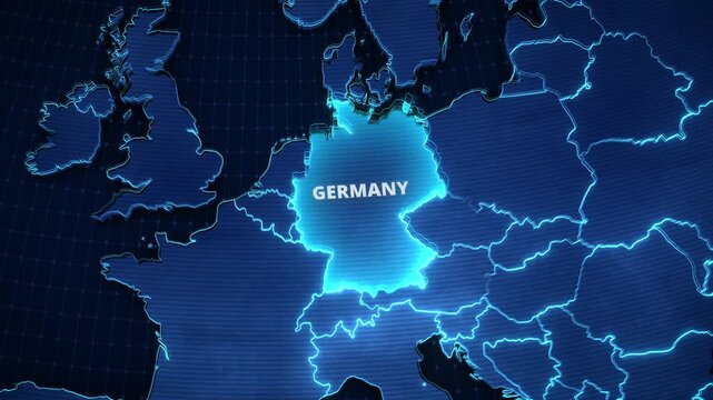 Stylized digital map animation of Germany, Europe, featuring a pulsating cyan highlight and neon outlines for a news broadcast opener or presentation backdrop.
