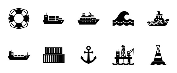Set of black nautical and shipping icons including lifebuoy, cargo ships, cruise ship, sea wave, tugboat, containers, anchor, oil rig, and buoy © Надія Кускова