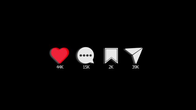 Like comment share icon visual red heart, white message bubble, bookmark, paper plane, and black minimal backdrop. social posts, creator intros, app screens, engagement prompts, and motion graphics.