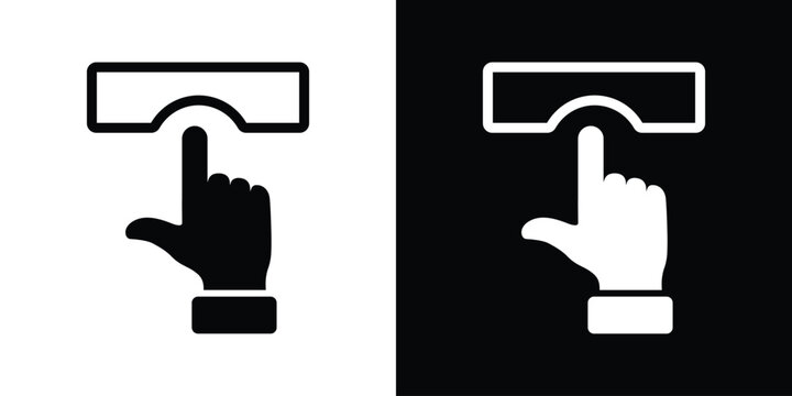 Minimal black and white vector icon of a hand pressing an overhead push button. Flat glyph symbol representing upward touch interaction, switch activation, interface control, touchscreen input, and ac