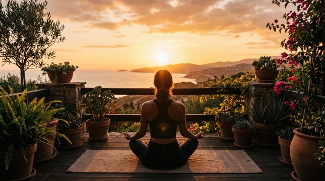 Woman meditating on wooden deck at sunset overlooking ocean, mindfulness and wellness lifestyle concept