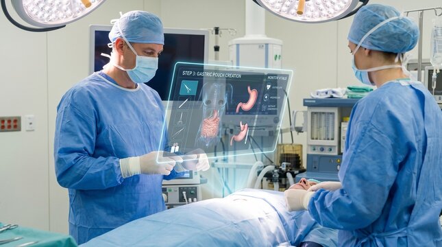 Surgeons using augmented reality technology to perform a gastric bypass surgery in a modern operating room