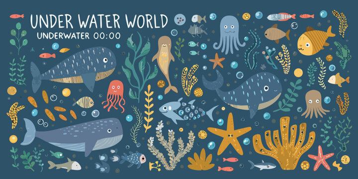 Underwater World Illustration Featuring Whales Fish And Marine Life