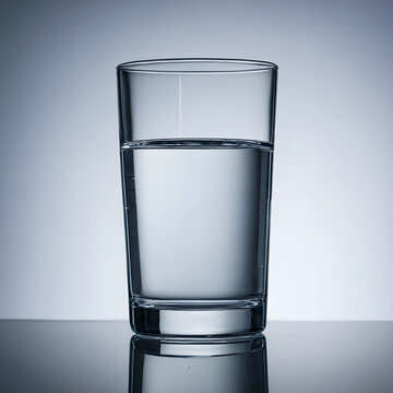 Clear glass of fresh drinking water half full with reflection on a reflective surface, hydration and health concept, the minimalist studio shot emphasizes purity and clarity