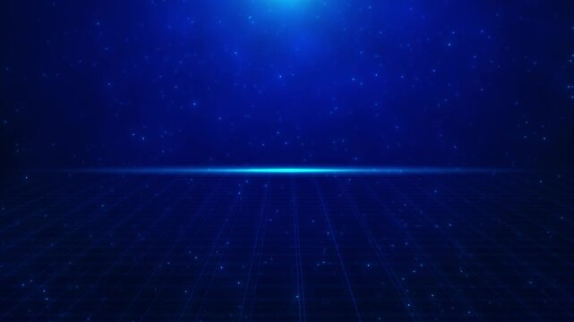 Futuristic blue grid stage visual glowing horizon flare, dark empty space, and soft floating particle lights. product reveals, tech presentations, webinar backgrounds, science videos, motion graphics.