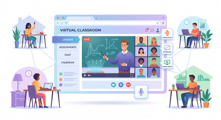 Fototapeta premium Virtual classroom online learning concept. Students attending remote video conference lesson.