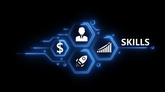 Abstract neon Hud knowledge ability business gear icon Glowing neon line concept.Skills. button in German on a futuristic, abstract wave technology on black background..4k video.