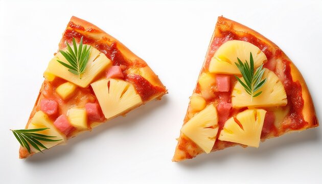 top view of a hawaiian pizza slice on white background