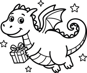 Cute baby dragon holding a gift box for a children coloring page book activity