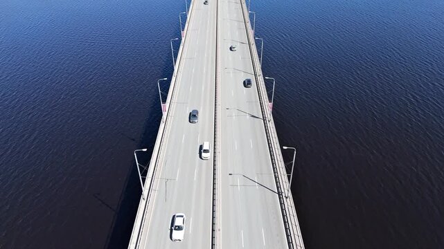 Aerial Top Down View of Cars Driving Over Island Bridge in Riga Latvia - 4k Drone Video