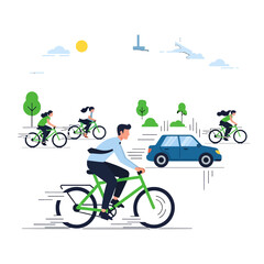 Fototapeta premium A group of people riding bicycles on a sunny day in the city