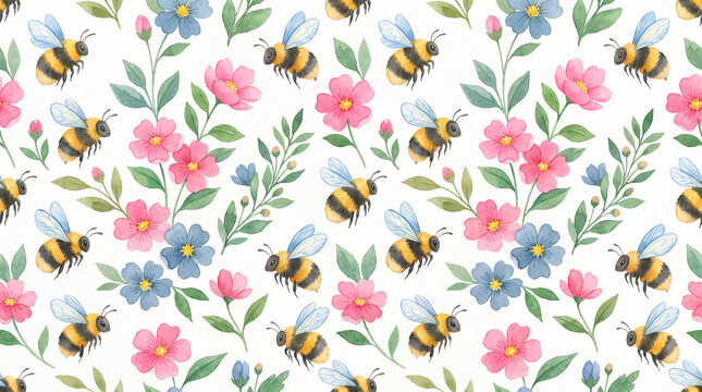 Seamless floral pattern with honeybees and pink flowers on white background.