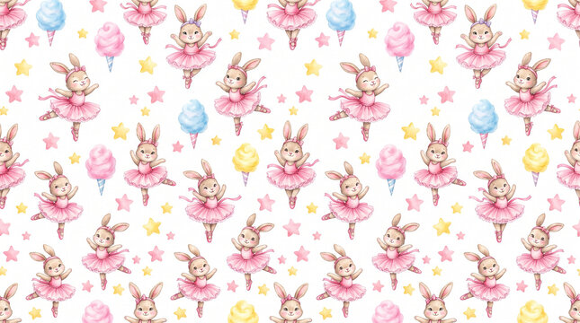 Seamless pattern with bunnies in tutus and cotton candy.