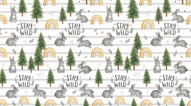 Seamless pattern with gray rabbits pine trees and Stay Wild text.