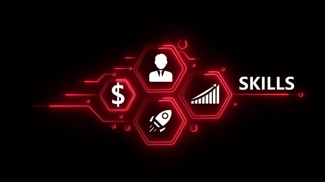 Abstract neon Hud knowledge ability business gear icon Glowing neon line concept.Skills. button in German on a futuristic, abstract wave technology on black background..4k video.