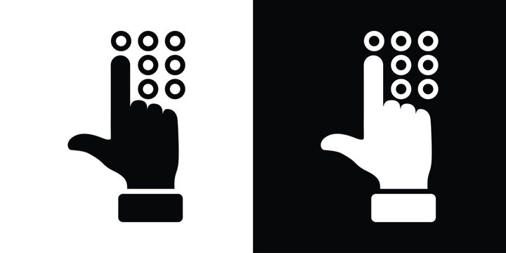 Minimalist flat vector icon of a hand selecting a numeric keypad. Black and white glyph symbol representing keypad entry, digital access, security code, PIN input, interface, and touchscreen control.