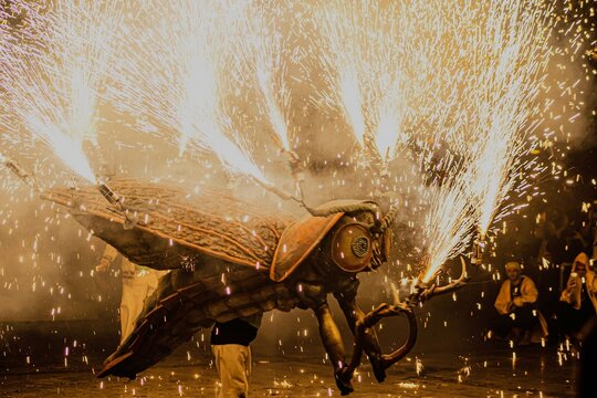  Insecte g&eacute;ant pyrotechnique lors d'un Correfoc en Catalogne &ndash; Spectacle de feu nocturne