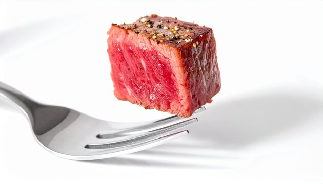 A cube-shaped piece of medium-rare grilled steak with seared grill marks and a juicy pink interior, resting on the prongs of a metal fork, centered on a white plate against a plain background.