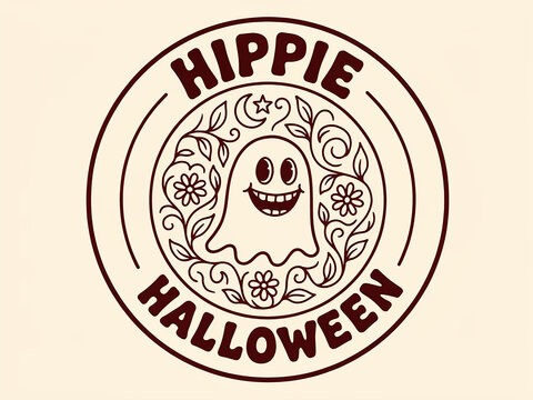 Retro hippie halloween round badge with a smiling ghost icon