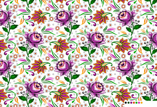 Sammlung von modernen nahtlosen Textilmustern mit Blumen und geometrischen Elementen